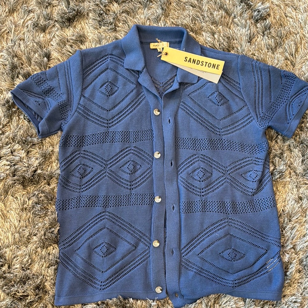 Blue crochet mid weight button down